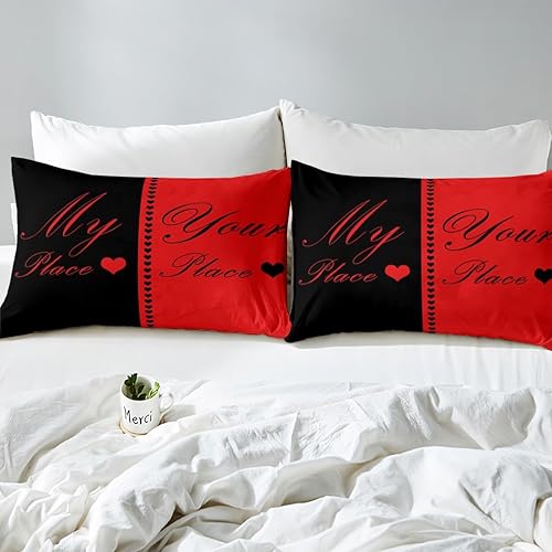 Miniatura 5 de Juego de funda de edredón para parejas, color rojo y negro, juego de ropa de cama de microfibra ultra suave, funda de edredón My Place Your Place,