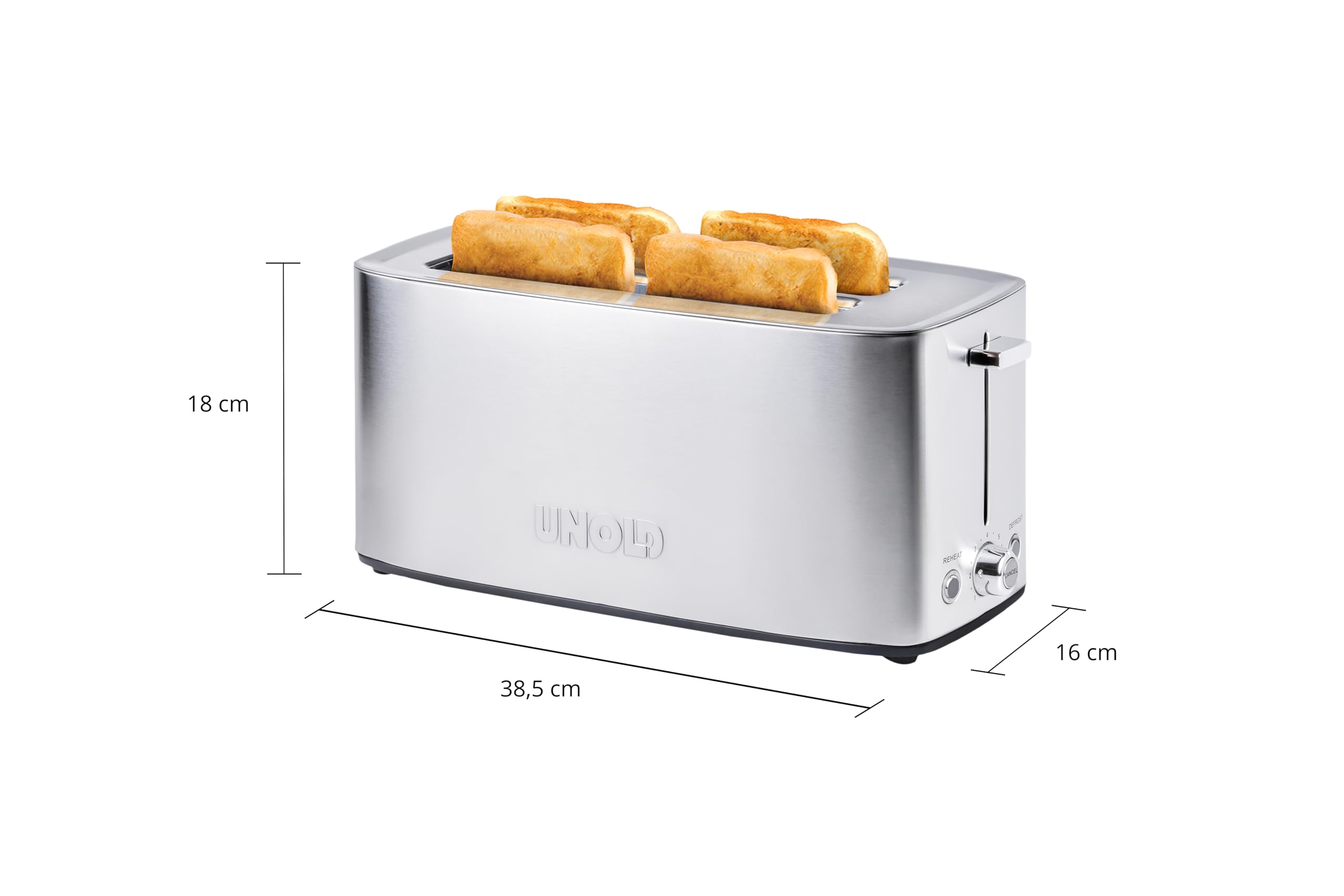 Unold 38266 Tostapane Tom - Tostapane a 4 fette 1400 W, corpo in acciaio inox termoisolato, anche per fette di toast XXL, con 4 funzioni: tostatura, riscaldamento, scongelamento e arresto