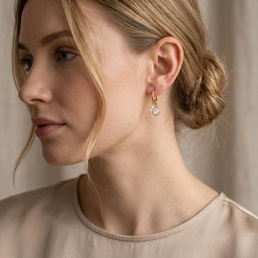 Gold Teardrop Pearl Gemstone Hoop Earrings for Women image 2