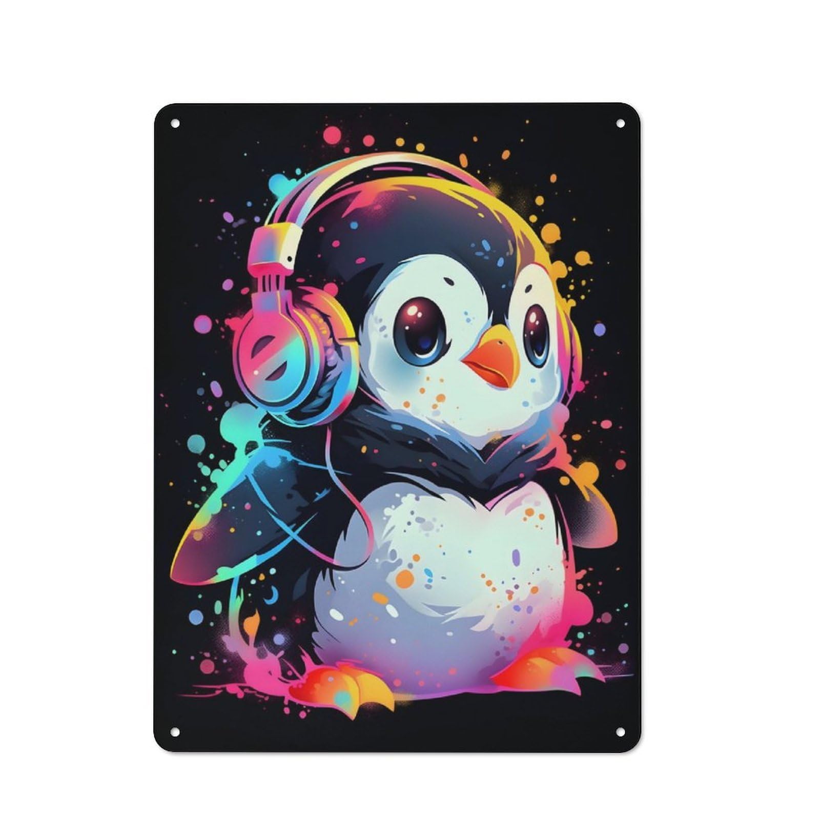 Classic Decorative Tin Plaque 40x30cm Featuring Penguin Paint Headphones, Novelty Wall Art for Home, Shop, Pub Or Studio Wall