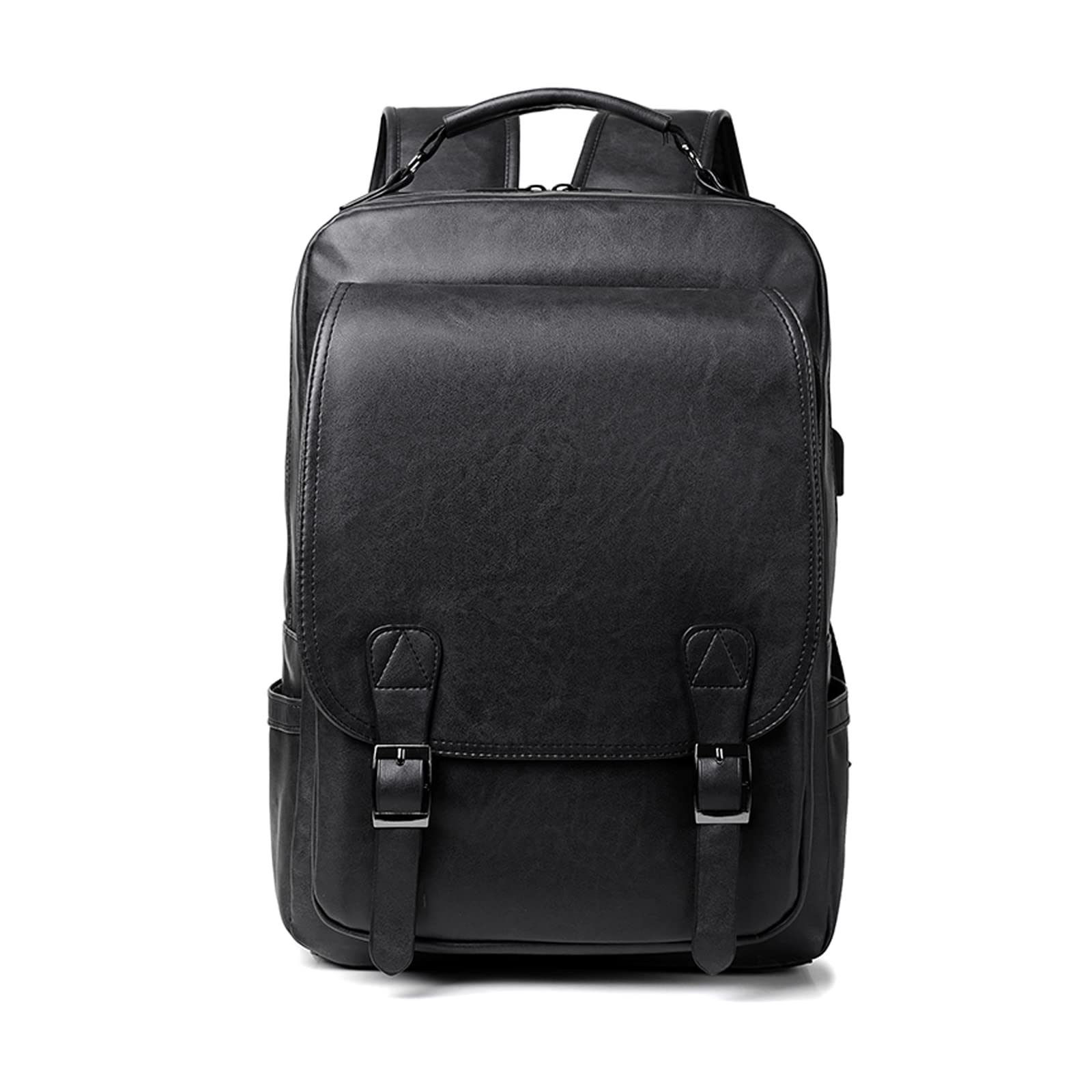 FANDARE Laptop Backpack School Bag Daypacks Travel Large Backpack with USB Charging Port College Computer Bag Bookbag for Women Men Travel Commuter Waterproof PU Rucksack Black