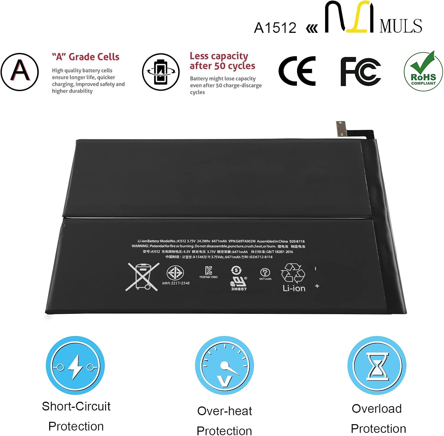 MULS A1512 Tablet Battery for Apple iPad mini 2 & iPad mini 3 A1489 A1490 A1491 A1599 A1600 A1601 ME276LL/A MF066LL/A MF247CH/A MGNV2LL/A MH3F2LL/A MGPW2CH/A MF544LL/A MF569LL/A MF580LL/A