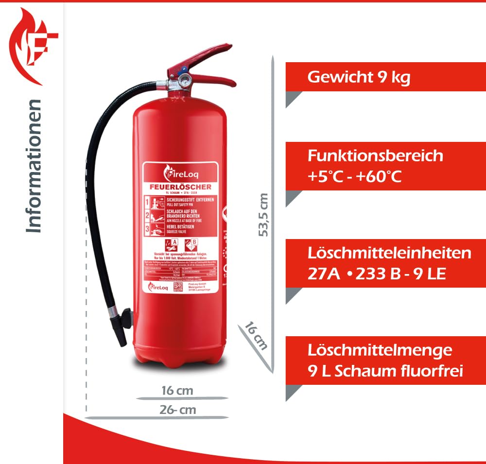 9L fluorfrei Schaum Feuerlöscher für Brandklasse AB mit 27A | 233B ergibt 9LE Dauerdruck inkl. Prüfnachweis,Wandhalter und Manometer