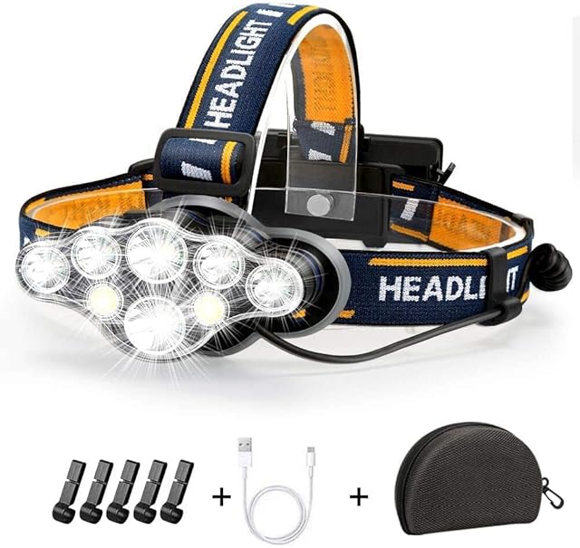 Head Torch Rechargeable, Super Bright 18000 Lumens Headlight, Waterproof with Red Warning Lights Headlamp, 8 LED 8 Modes Led Head Torch for Cycling Running Camping