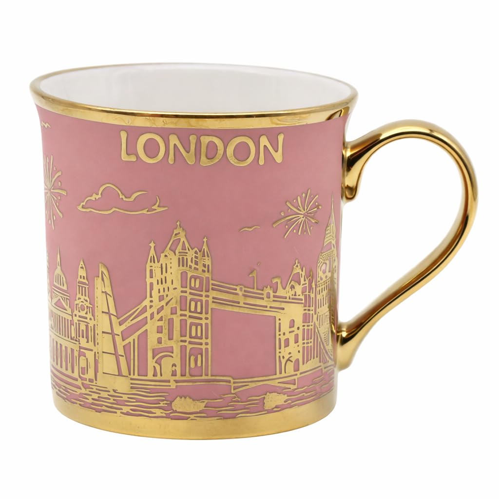 JRose Collections London Souvenir Fine China Mug 300ml – Pink & Gold Skyline Design, Ceramic Coffee & Tea Cup with Metallic Handle, London Landmarks Collectible Mug with Presentation Box 0272