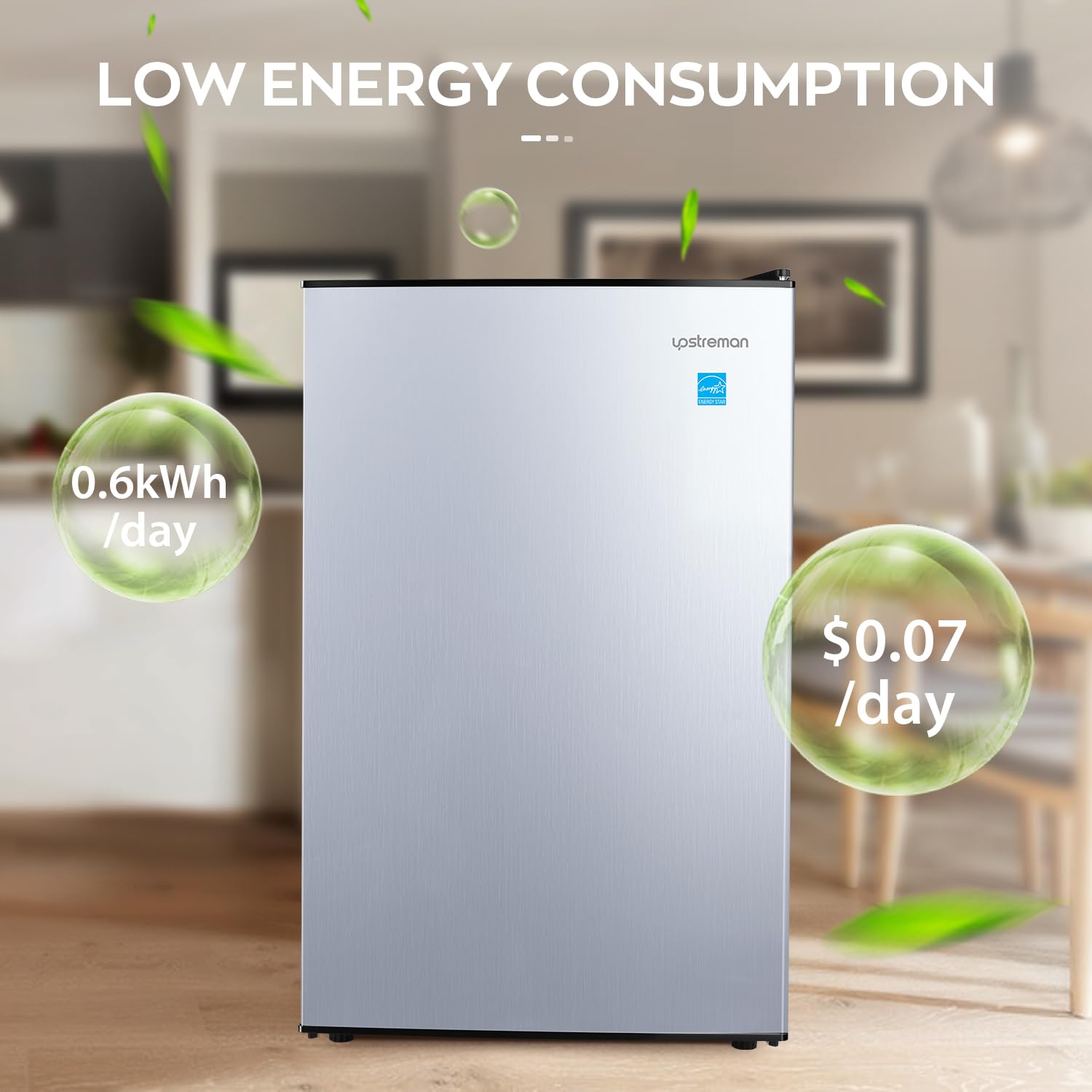 Upstreman 4.5 Cu.Ft Mini Fridge With Freezer, Single Door Small Refrigerator, Adjustable Thermostat, Low Noise, Energy-Efficient, Compact Refrigerator For Dorm, Office, Bedroom, Silver-Sr45 on Fridge.com - View 3