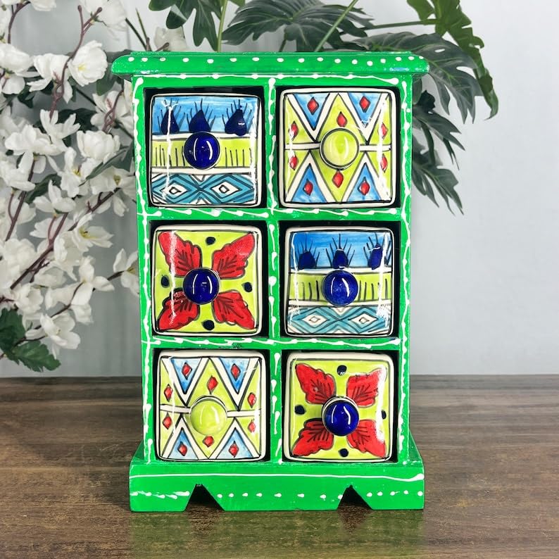 DIWAM HANDICRAFTS Wooden Mini Chest 6 Ceramic Dresser Hand Painted Teal Green Floral Design Jewelry Organizer Box Home Decor (16x12x25 cm) (Light Green)-image-28