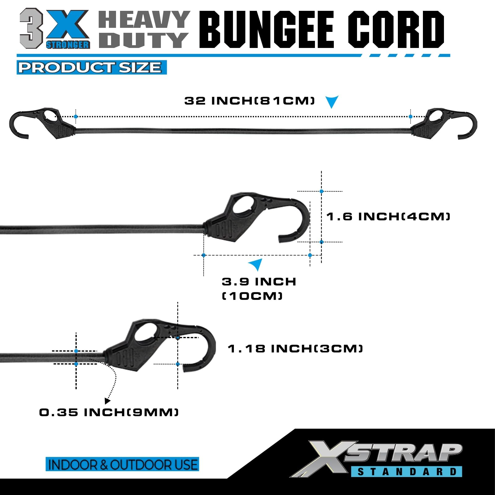 XSTRAP STANDARD Cordoncini elastici resistenti, 10 pezzi, 81 cm, con ganci per le dita, ideali per esterni, teloni, moto, portabagagli (nero)