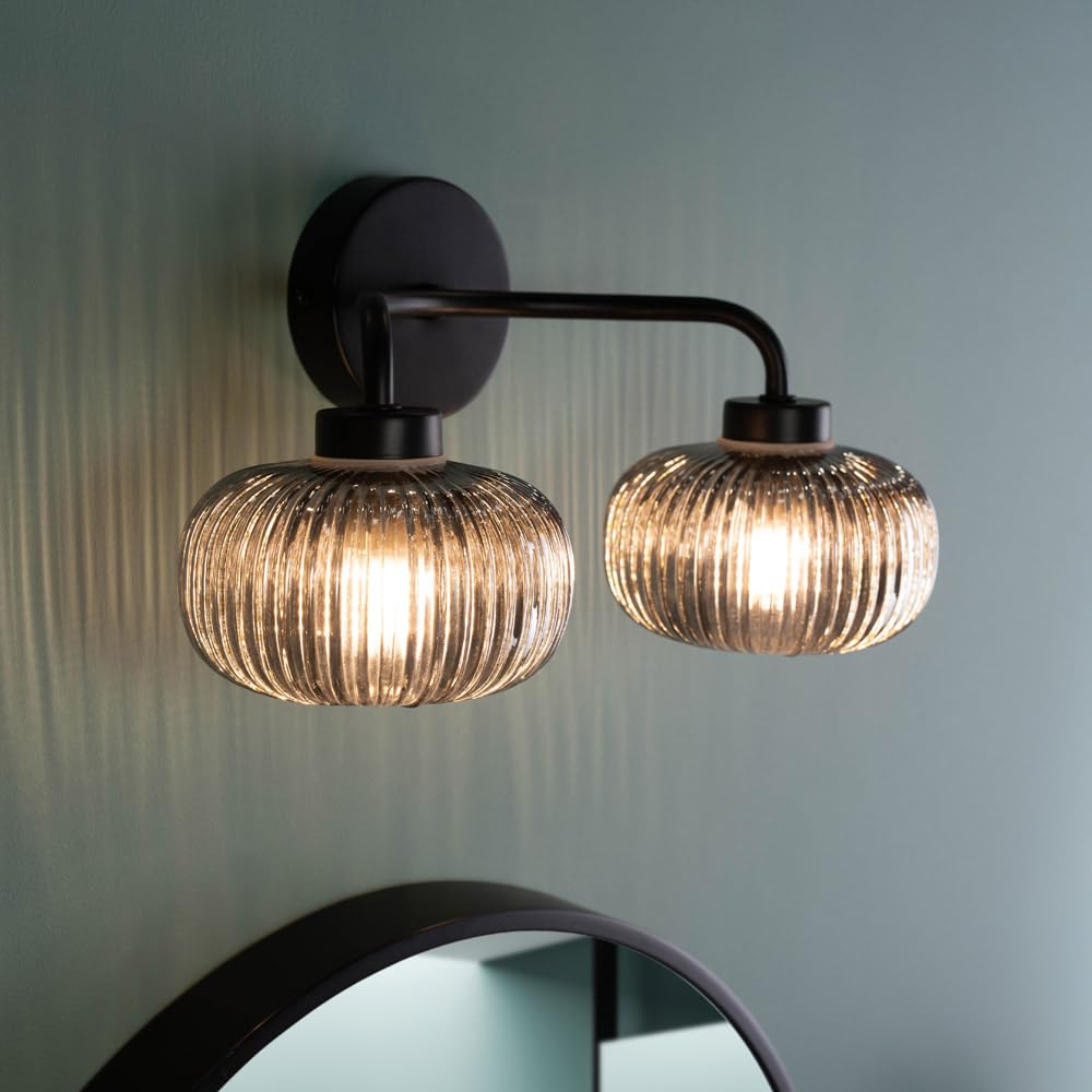 ValueLights Amaia Matt Black 2 Way Smoked Ribbed Glass LED Wall Light