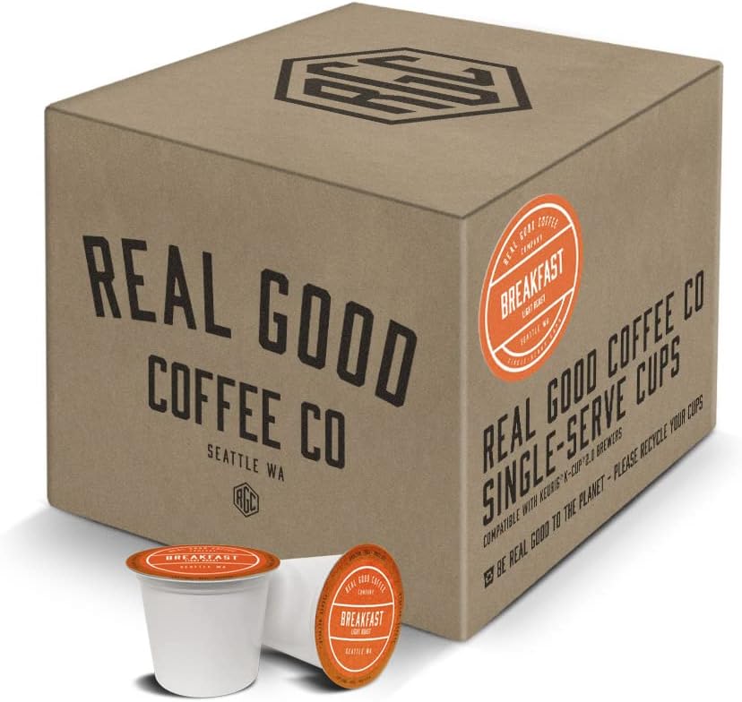 Real Good Coffee Company - Single Use Coffee Pods - Breakfast Blend Light Roast Coffee - K-Cup Compatible including Keurig 2.0 Brewers - Recyclable Cups and Packaging - 36 Count