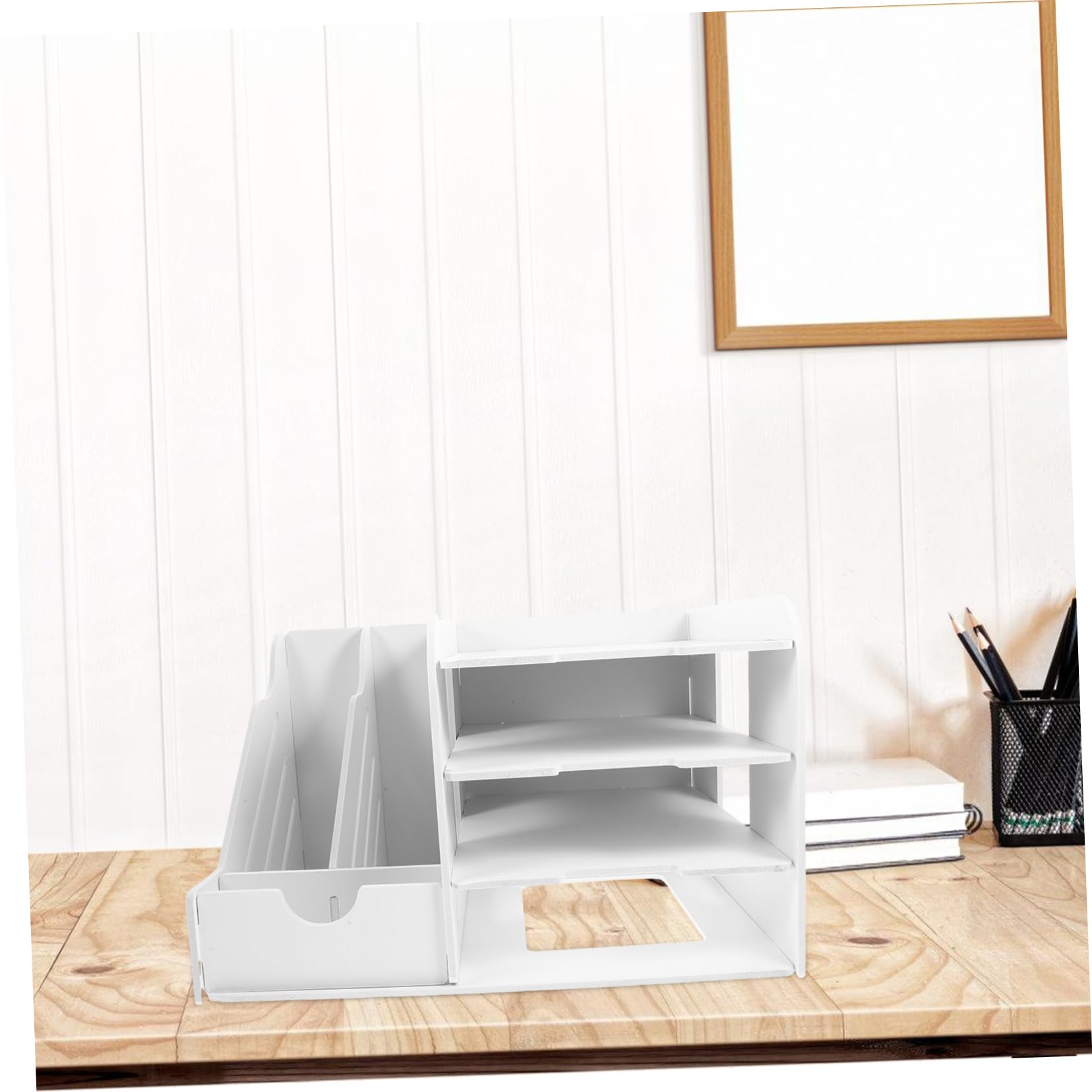 Portadocumenti da Tavolo a 4 Livelli Bianco in Composito Legno-plastica | Vassoi Orizzontali Impilabili, Design Smontabile, Risparmio Spazio per Scuola e Ufficio