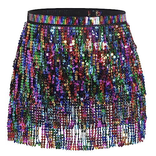 Belly Dance Hip Scarf Sequin Tassel Skirt Wrap Sparkly Rave Costume for Women (Black Rainbow)