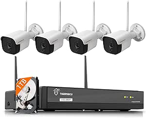 TIGERSECU 1080P WiFi NVR Security Camera System with 1TB Hard Drive, 4 Channel NVR, Weatherproof Cameras, Two Way Audio, Siren, AI Human Detection asin的图片