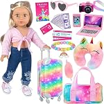 ZITA ELEMENT 23 PCS 18 Inch Girl Doll Accessories Suitcase Luggage Travel Set NO Doll Included Including Rainbow Suitcase Rainbow Bag Camera Computer Cell Phone Neck Pillow Eye Mask Glasses