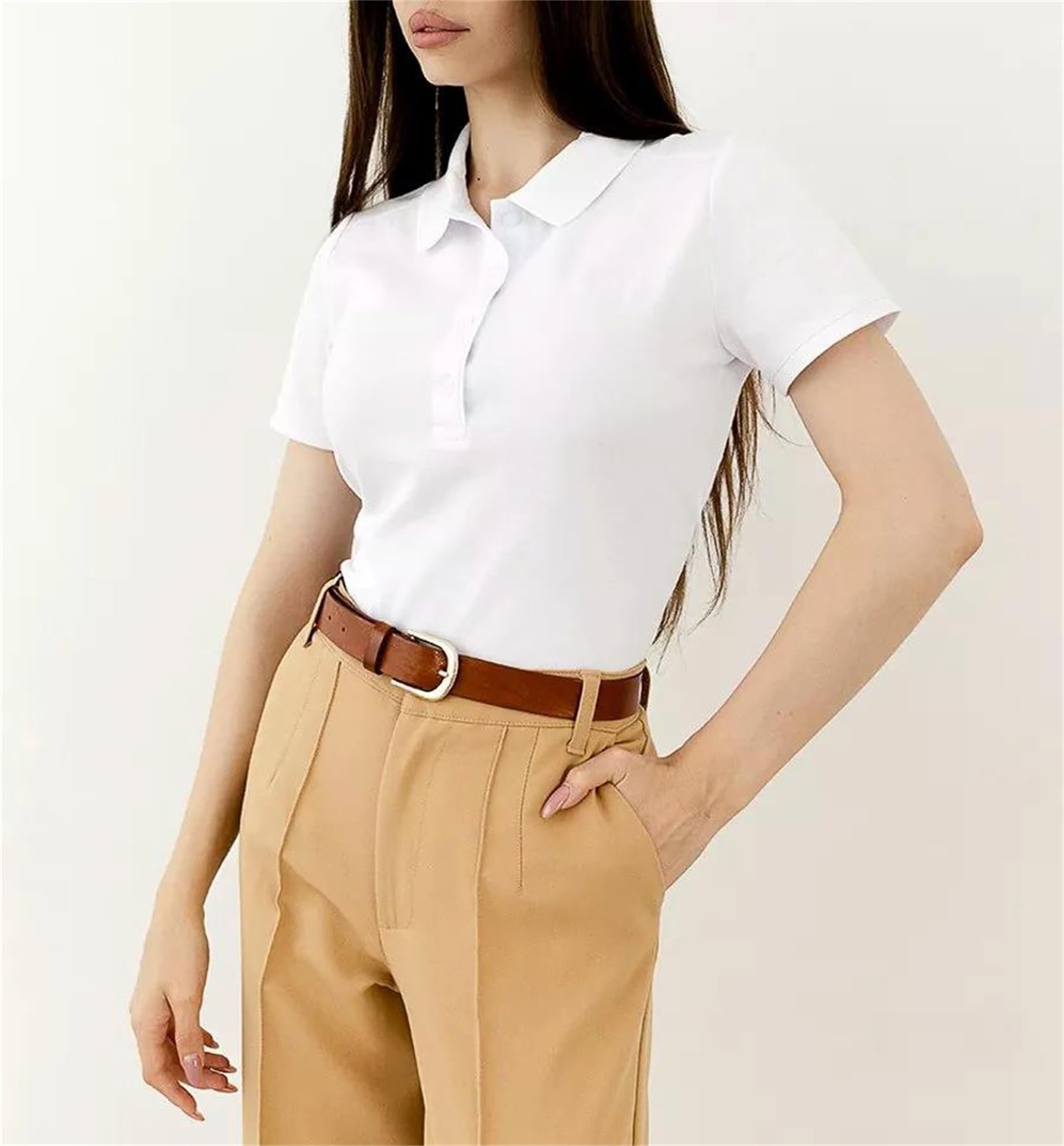 Genérico Polo Deportivo de Manga Corta para Mujer, Liso, con Cuello Vuelto, Transpirable, Ligeramente elástico, Informal, para Negocios (Blanco pequeño)