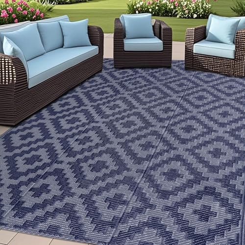 SAND MINE Tapis Réversible Plastique Paille 4' x 6' Bleu Gris