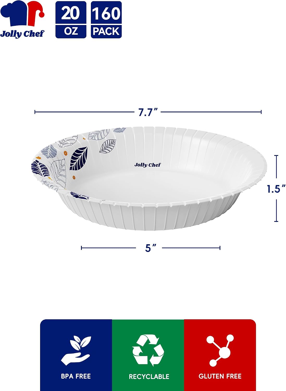 JOLLY CHEF 160 Count Paper Bowls 20 oz Soak Proof and Cut Proof Microwave Safe Heavy Duty Leaf Printed Disposable Bowls for Dinner or Every Day Use image 2