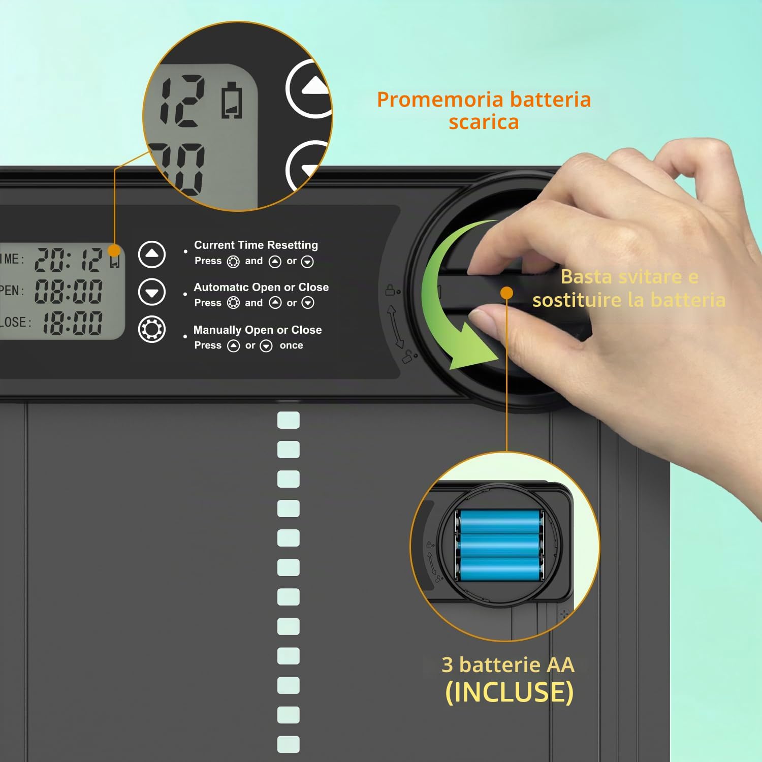 Porta automatica per pollaio, alimentata a batteria, con timer intelligente, sensore anti-pizzicamento, display LCD e promemoria batteria scarica per galline, anatre, oche pollame