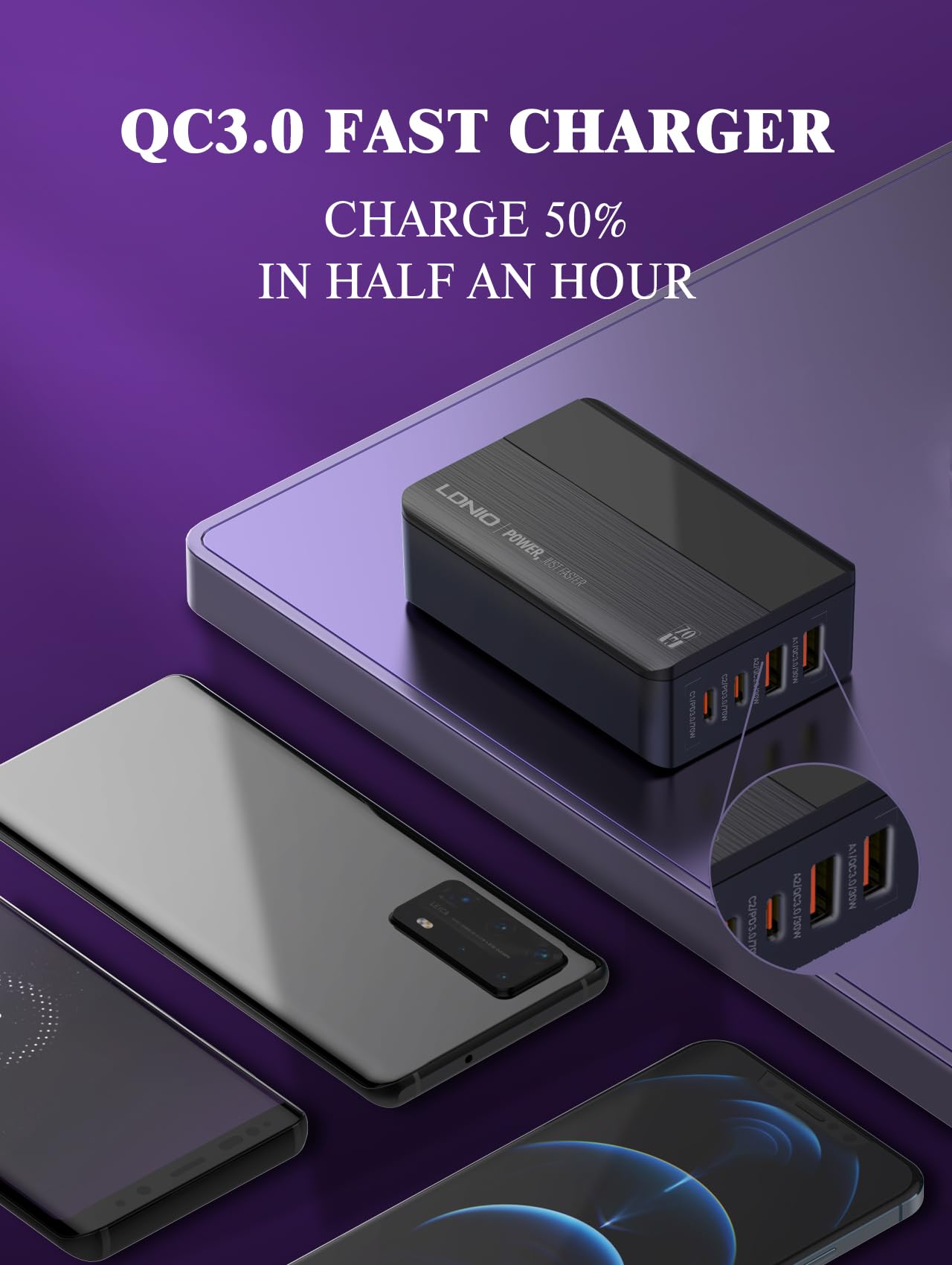 MANTO GaN Ładowarka USB C, 70 W, z wyświetlaczem LED, szybka ładowarka, 4 porty z 2 portami USB-C i 2 USB-A, zasilacz USB do laptopa, MacBooka Air, iPhone'a, iPada, Samsung, kompaktowa ładowarka