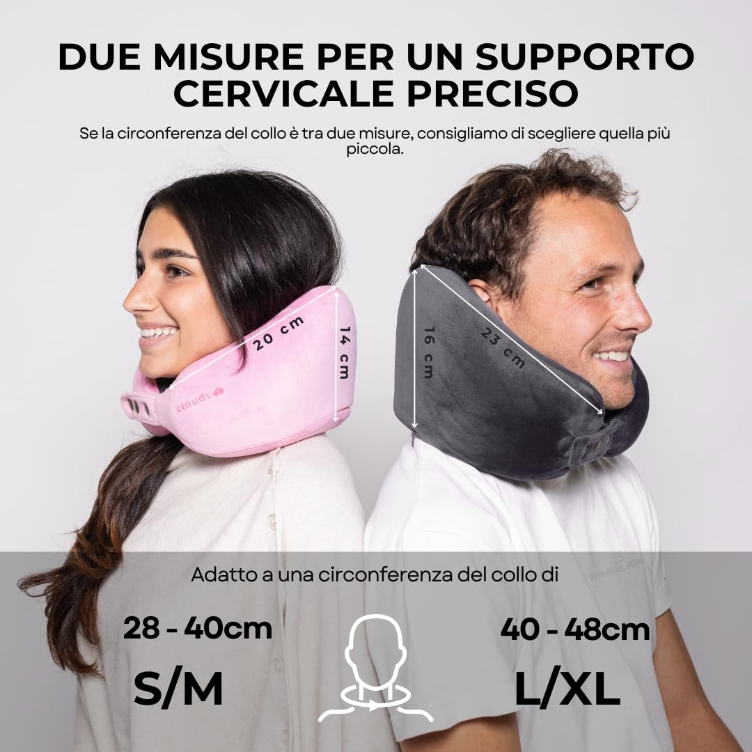 CLOUDS Almohada cervical para avión y coche, almohada de viaje ajustable de espuma viscoelástica en 2 tamaños para adultos, funda transpirable extrasuave, incluye bolsa de transporte (azul, S/M)
