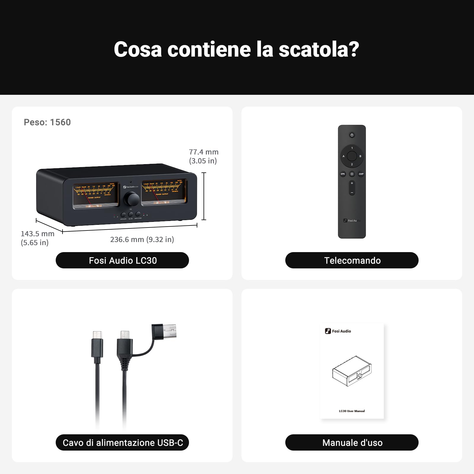 Fosi Audio LC30 Nero Dual VU Meter Audio Visualizer, Commutatore 2 Ingressi 2 Uscite Vintage per Amplificatori Stereo ad Alta Potenza, Componente per Home Theater, ConTelecomando