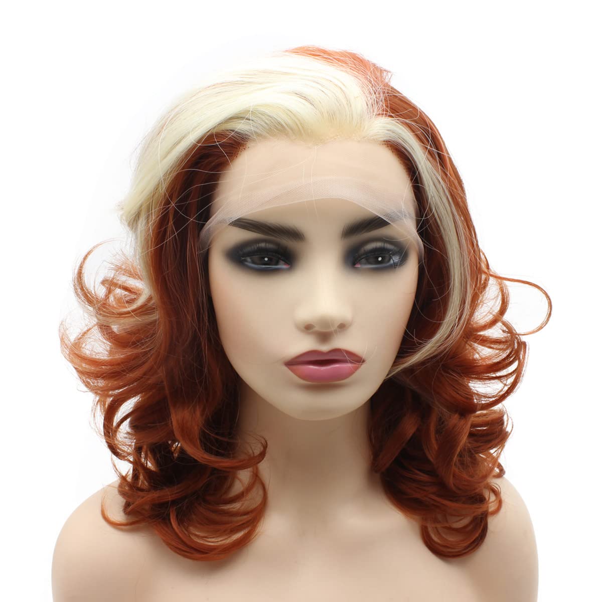 Peakia Shoulder Length Wavy Blonde Burgundy Half Hand Tied Lace Front Wig Synthetic