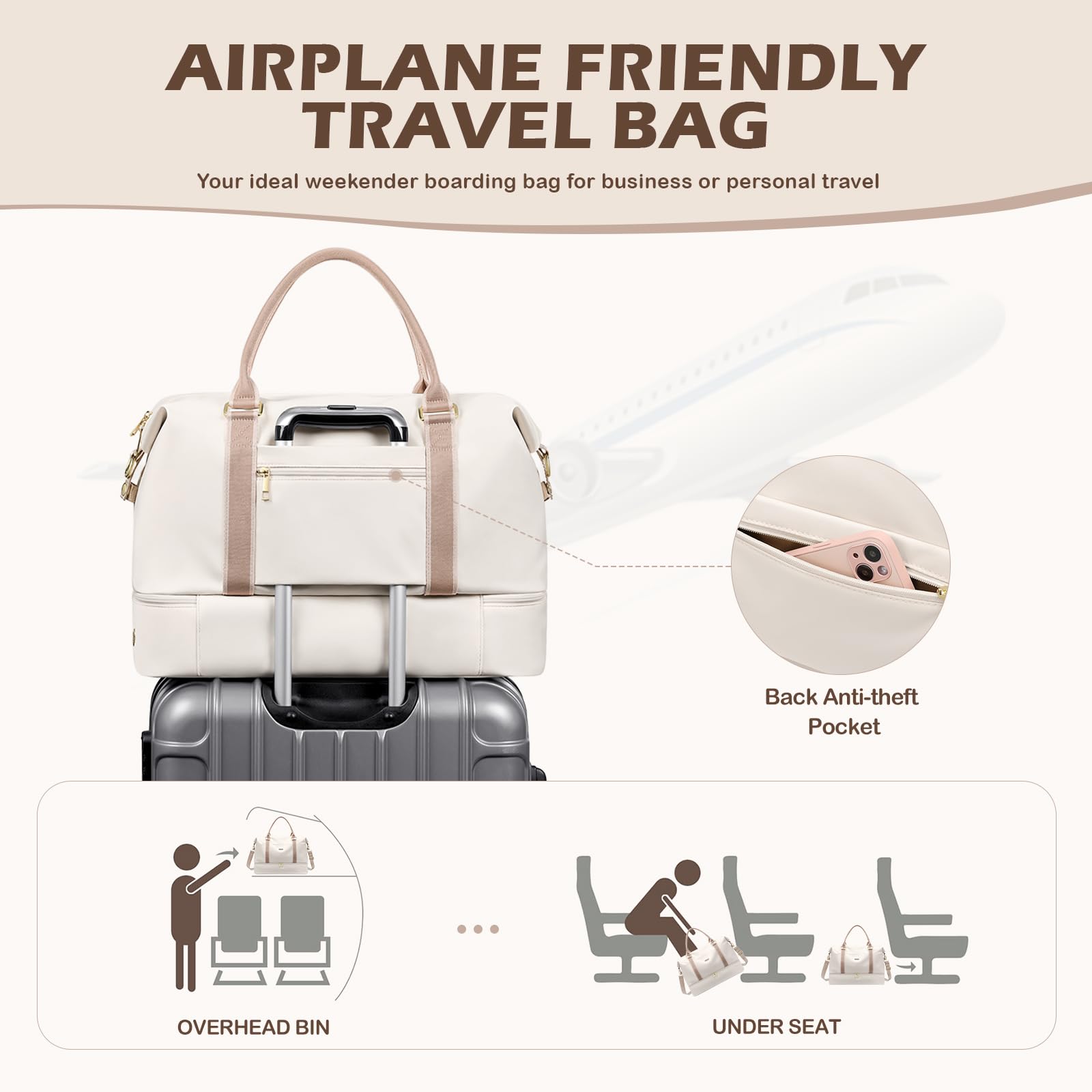 46L Reisetasche Damen, Groß Weekender Handgepäck Tasche mit Kosmetiktasche, Schuhfach & Nassfach, Kliniktasche, Trainingstasche, Sporttasche, für Flugzeug Reisen (Cremefarben)