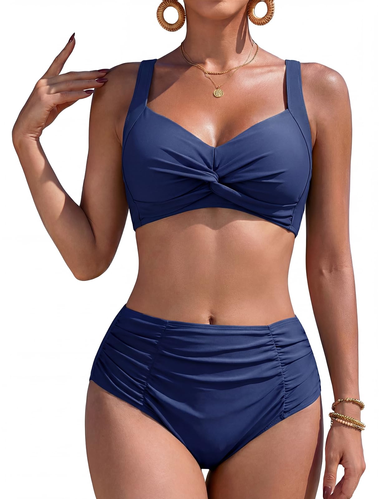 FemiChic Bikini Damen Set High Waist Bauchweg Bikini Twist Front Bikini mit Cups Sexy Zweiteiliger Bademode Sommer Strand Swimwear
