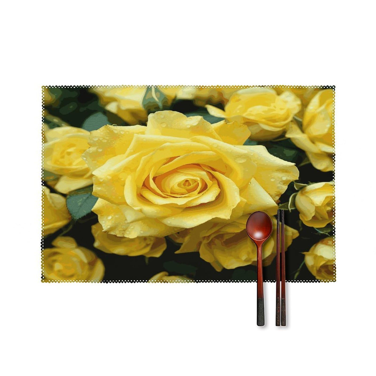Fekiloot Style Graceful Yellow Rose Flower Placemats Set Of 6,Table Mat