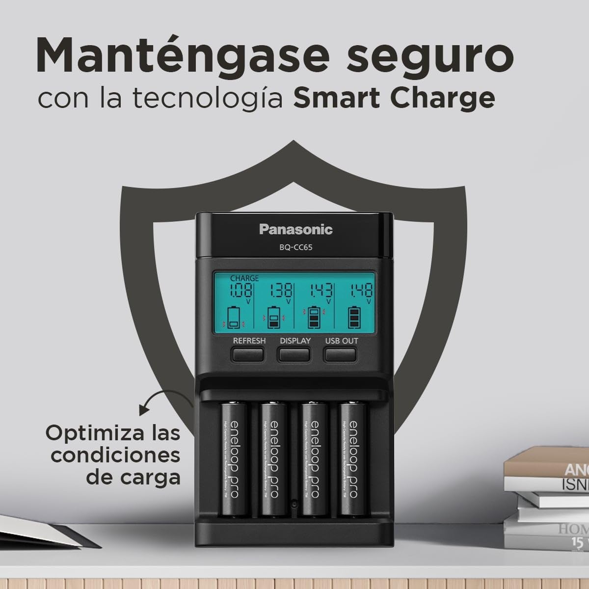 eneloop Pro Cargador Pro, para 1-4 Pilas Recargables AA/AAA, 2h de Tiempo de Carga, 10 Funciones de Seguridad