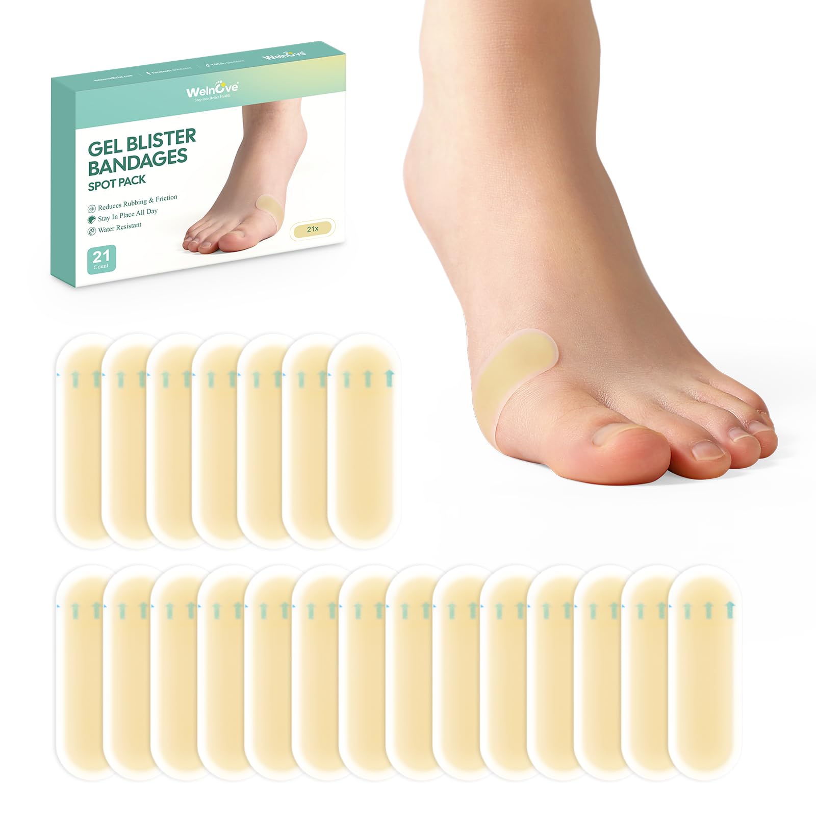 Gel Blister Hydrocolloid Bandages - Welnove 21ct Blister Cushions (Bunion Pack) - Blister Bandages for Heel, Toe &amp; Foot - Blister Pads for Prevention &amp; Recovery - Water Resistant