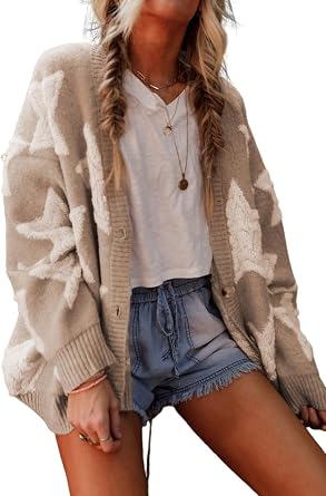 KevaMolly Women Star Sherpa Textured Pockets Knit Cardigan | Open Front Loose Knit Cardigan,Star Sherpa Textured Outerwear Equipped With Functional Pockets;Acrylic Blend Knit Fabric
