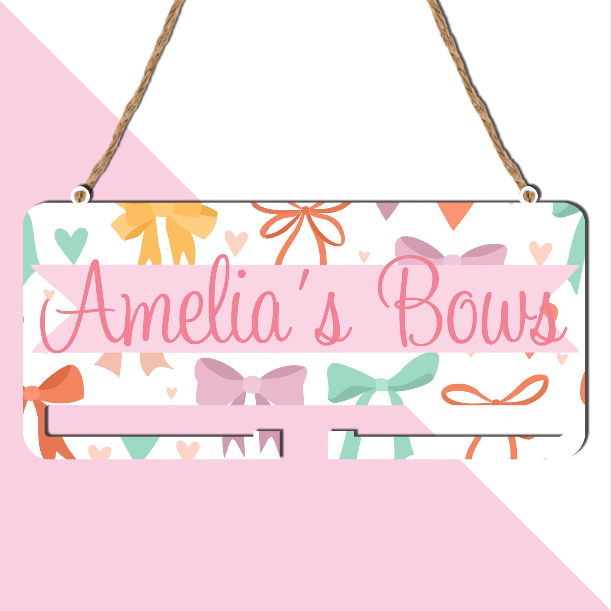 Pixie's Gifts Personalised Hair Bow Holder for Girls - Storage Rail for Girl's Bedroom Wall Decor - Great Gift for Girls who Love Hair Bows (Single Rail, Multi Coloured Bows)