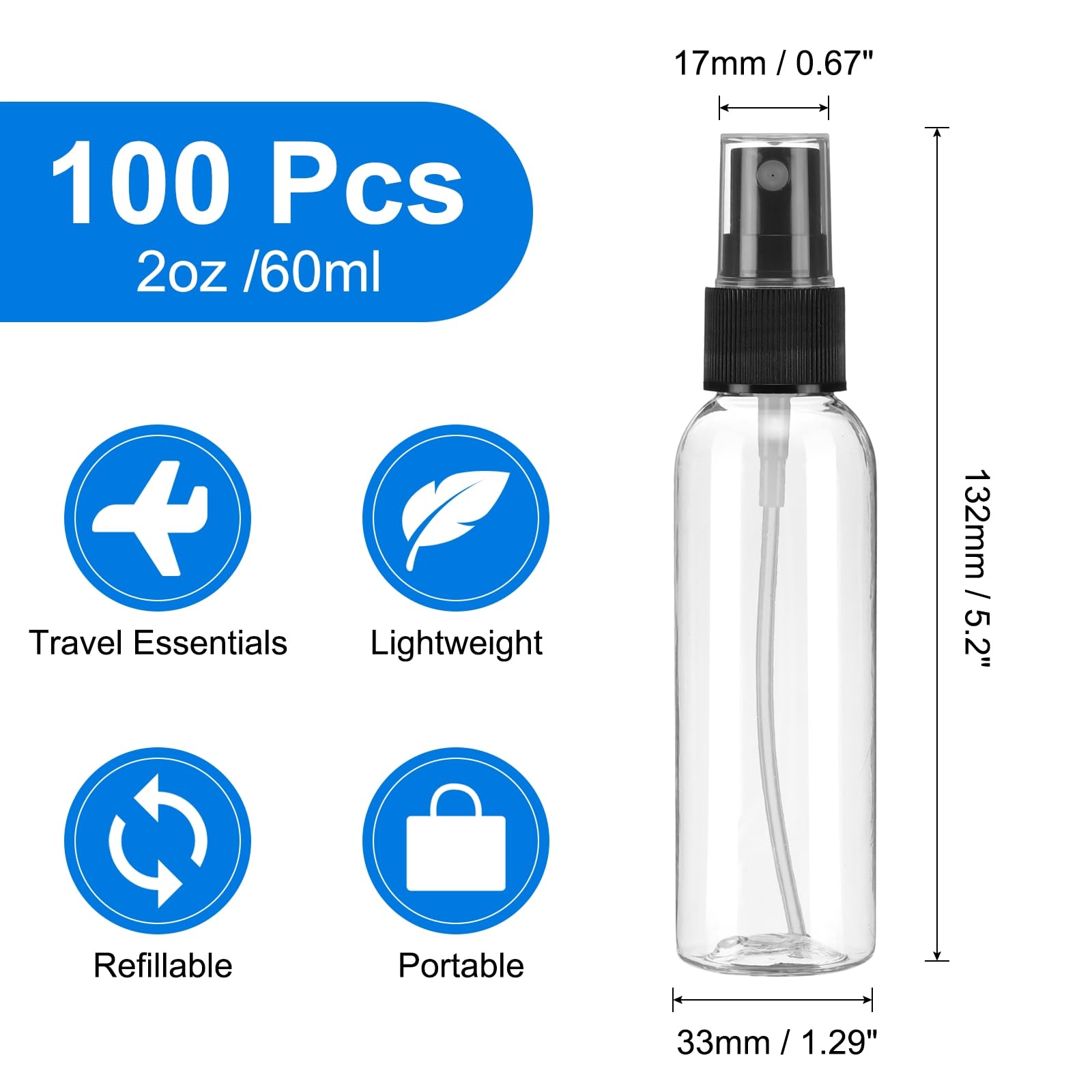 QUARKZMAN 100 sztuk butelek z rozpylaczem, 60 ml, przezroczyste, puste, plastikowe, plastikowe, miniaturowe butelki podróżne, zestaw małych pojemników na płyny, do użytku domowego (przezroczyste