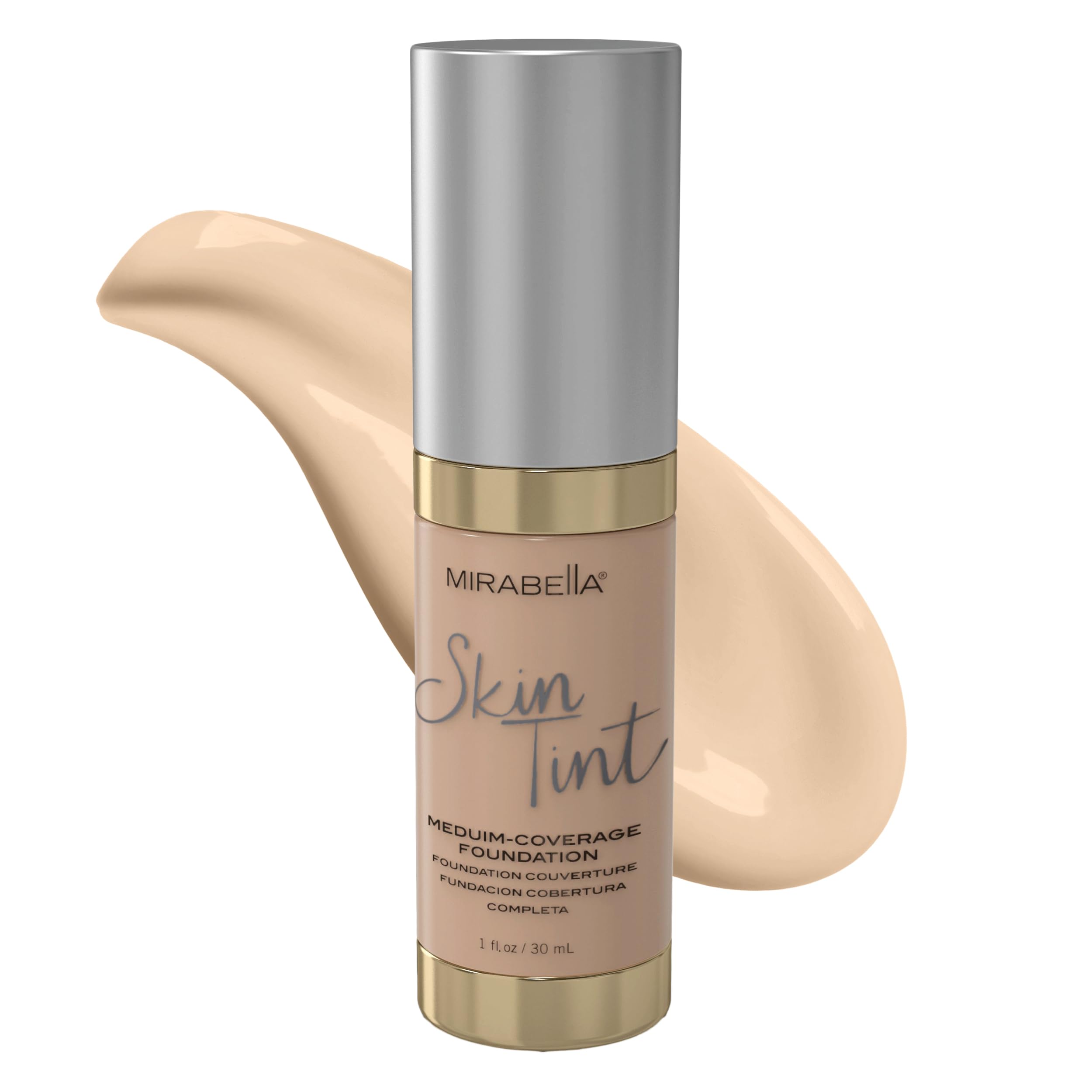 Mirabella Skin Tint Creme Liquid Foundation Makeup, Oil-Free Mineral Foundation for Medium Coverage - w/Hyaluronic Acid, Squalane, & Allantoin for All