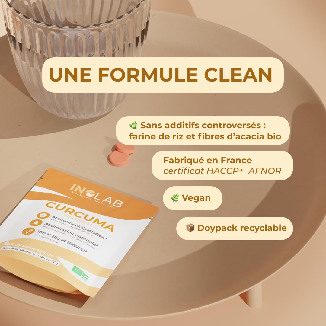 Curcuma BIO breveté CurQfen® | Curcumine microencapsulée biologique = assimilation supérieure à la pipérine poivre noir | Résultats prouvés par études cliniques| Curaform