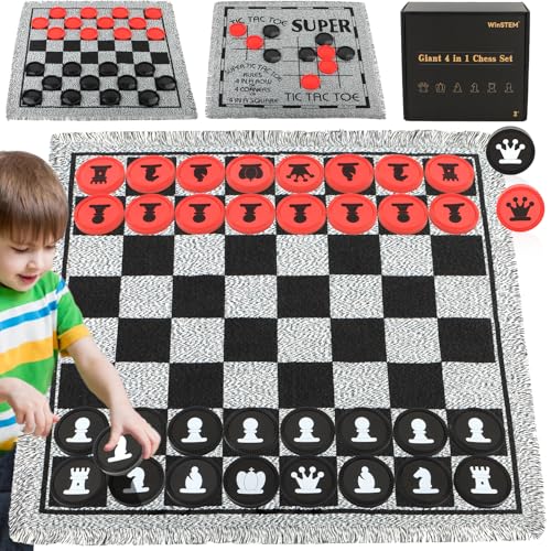 Giant 4 in 1 Chess Set,Jumbo Chess & Giant Checkers & Large Tic Tac Toe, Giant Chess Board Game for Kids Adults,Including 2 Extra Queen,Large Checkers...