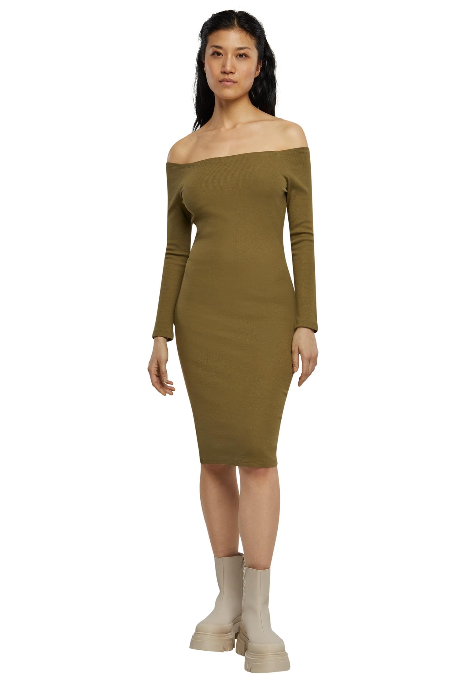 Urban Classics Women's Ladies Off Shoulder Longsleeve Rib Dress Dress, Tiniolive,