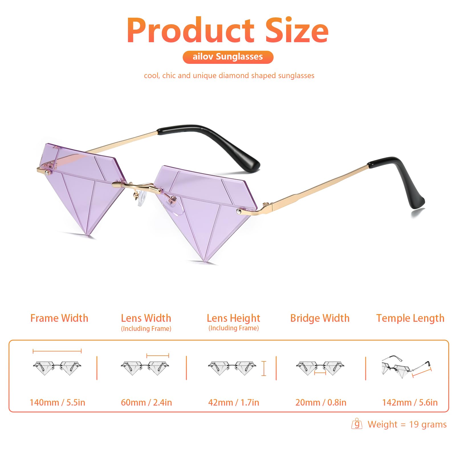 ailov Unique Diamond Rimless Trendy Sunglasses for Men Women UV400 Funky Harry Fashion Glasses (Lavender Purple)