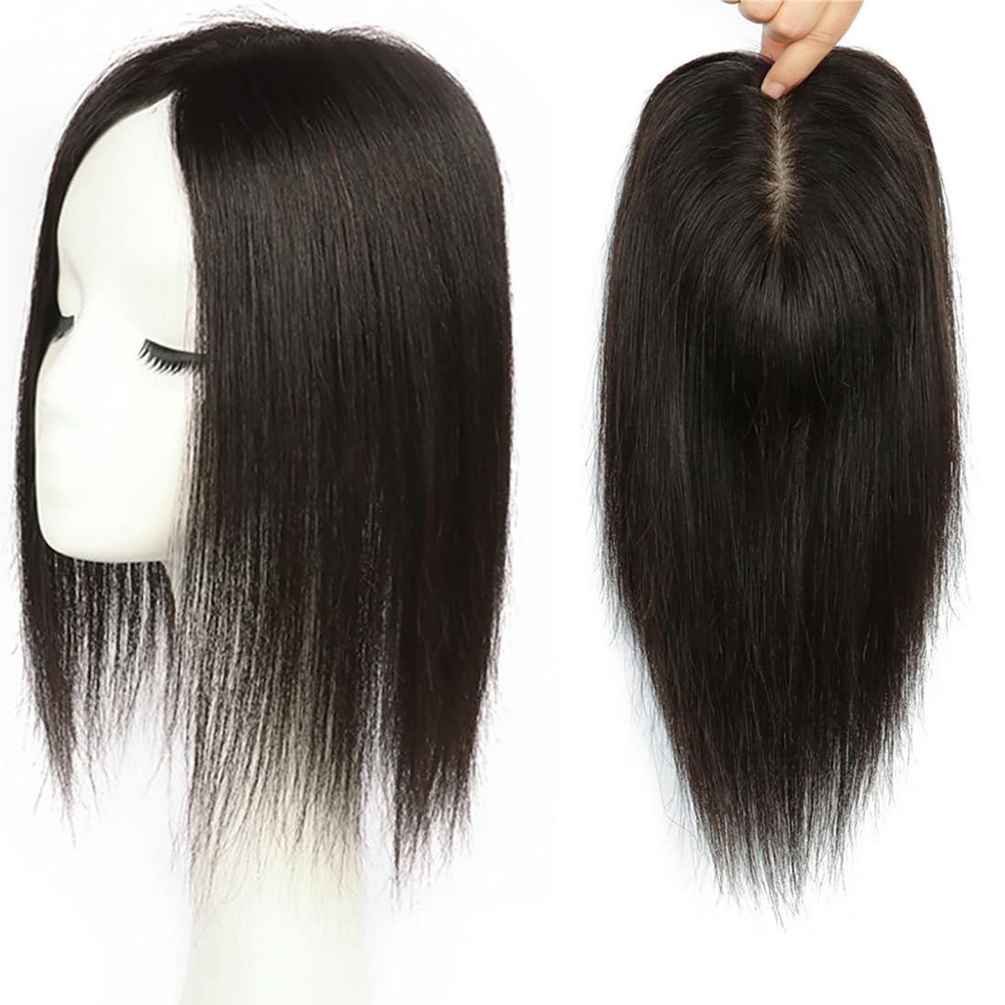 Real Human Hair 3" x 5" Silk Base Forehead Topper Hairpieces, Clip in Hand Tied Top Wiglet for Women with Hair Loss, 10" Off Black
