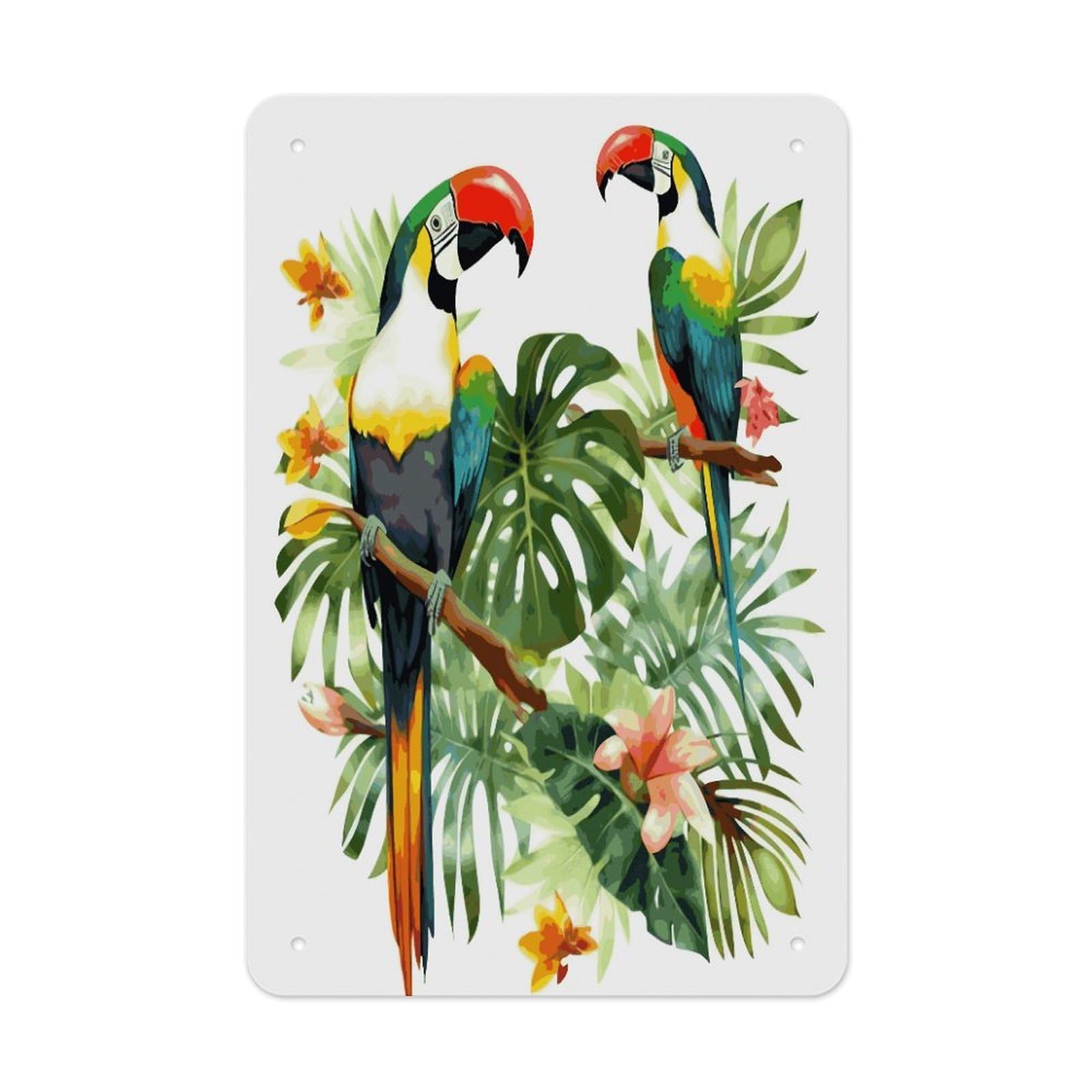 LDGSUPH Toucans Parrot Palm Tree Leaves Wall Art Prints Folded Edge Iron Sheet Painting with Holes for Wall Prints Decorative Picture Metal Signboard Decor Painting for Outdoor Indoor Wall Decor