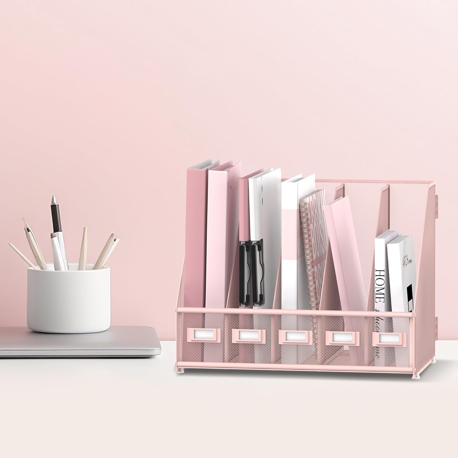 Organiseur de bureau en métal avec 5 compartiments verticaux pour bureau, rose