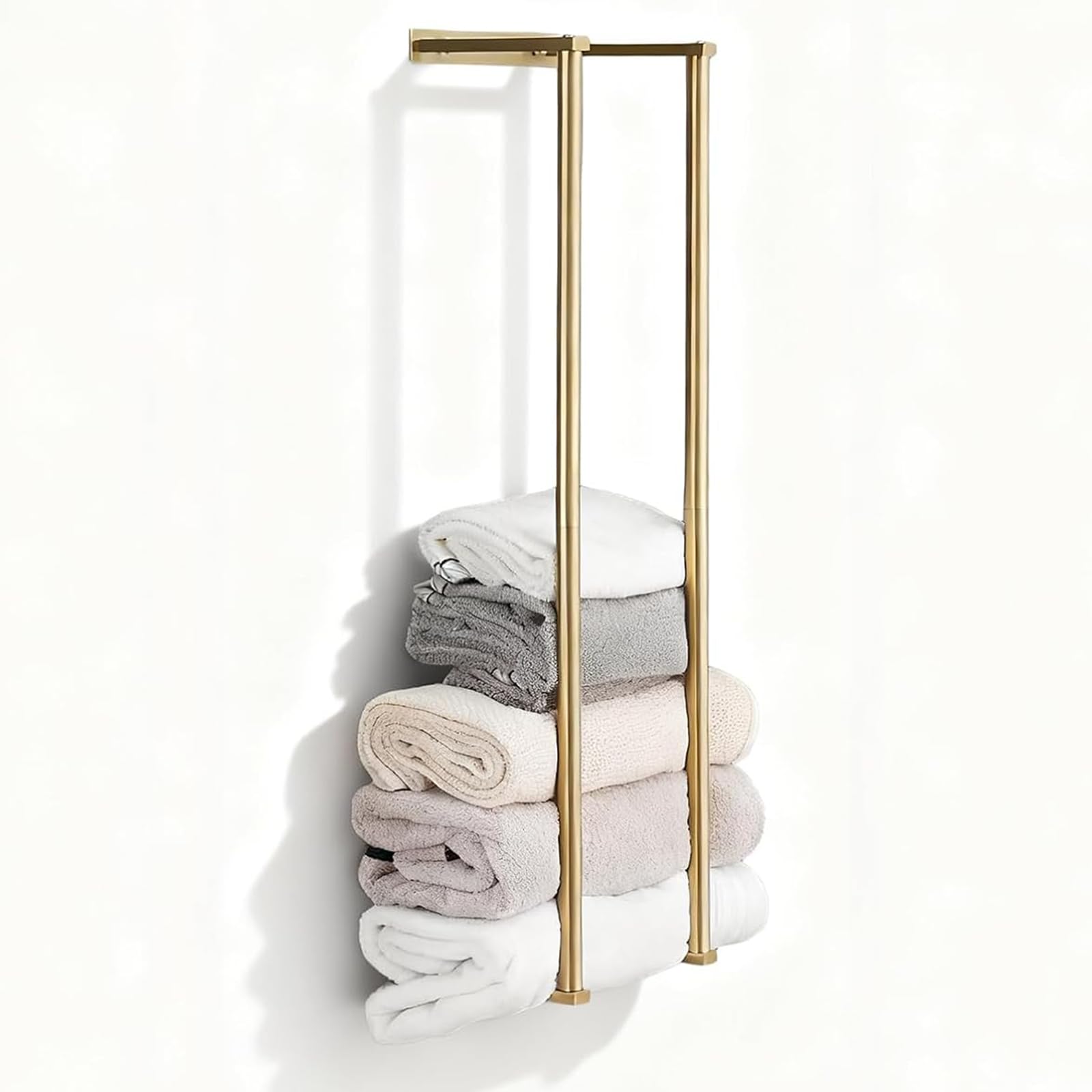 NEWRAIN Porte-serviettes pour salle de bain, en acier inoxydable, porte-serviettes enroulé, support mural pour grandes serviettes pliées, organisation de salle de bain, or brossé