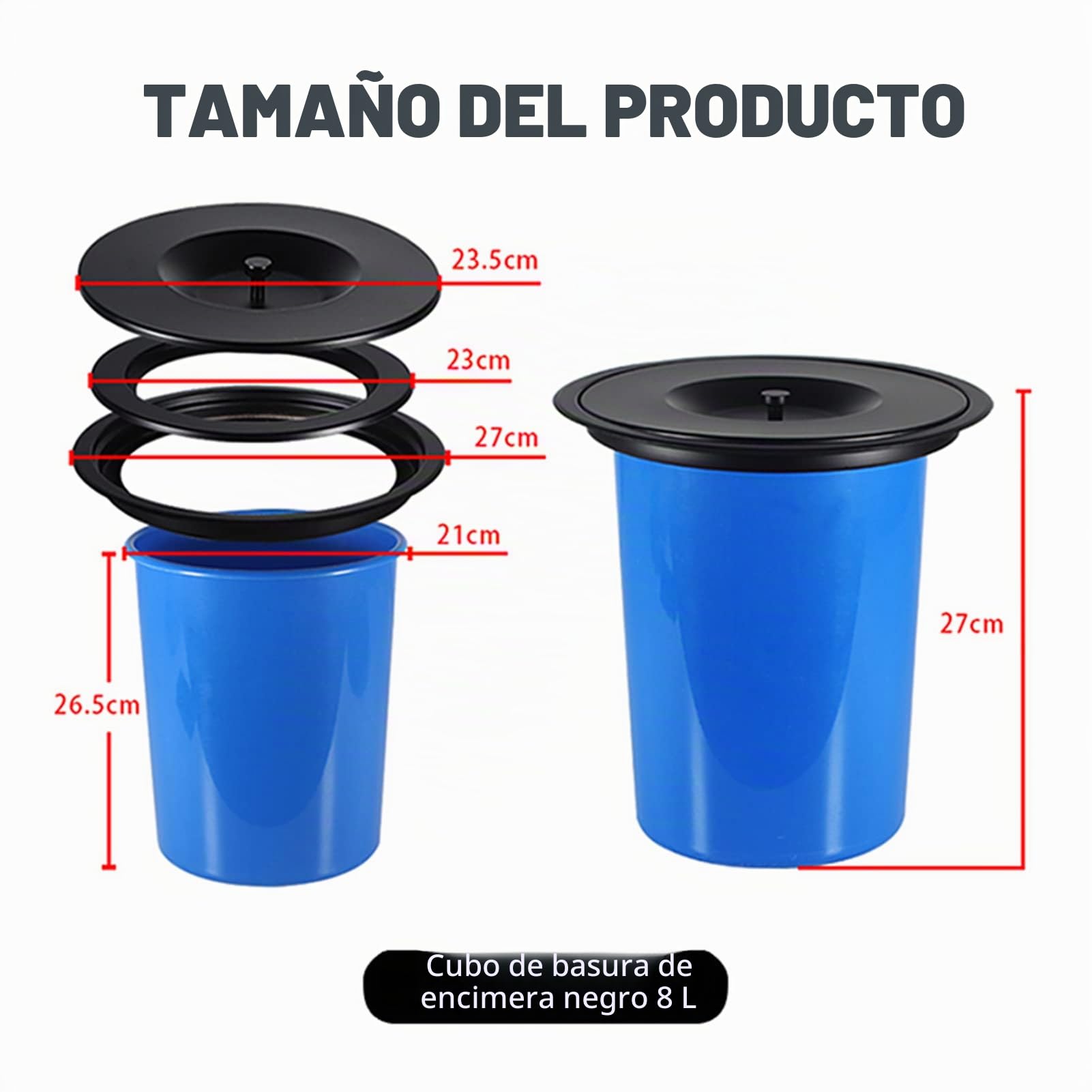Cubo De Basura Integrado para Encimera para Cocina, Cubo De Basura con Tapa, Cubo De Basura Pequeño con Tapa De Acero Inoxidable para Escritorio/Hogar/Baño/Oficina, Negro,L