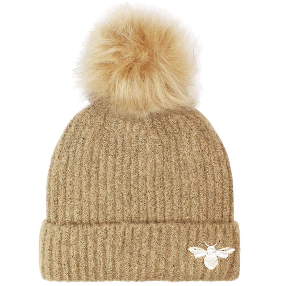 TeddyT's Ladies Luxury Fleece Lined Embroidered Bumble Bee Rib Bobble Hat (Caramel & Gold)