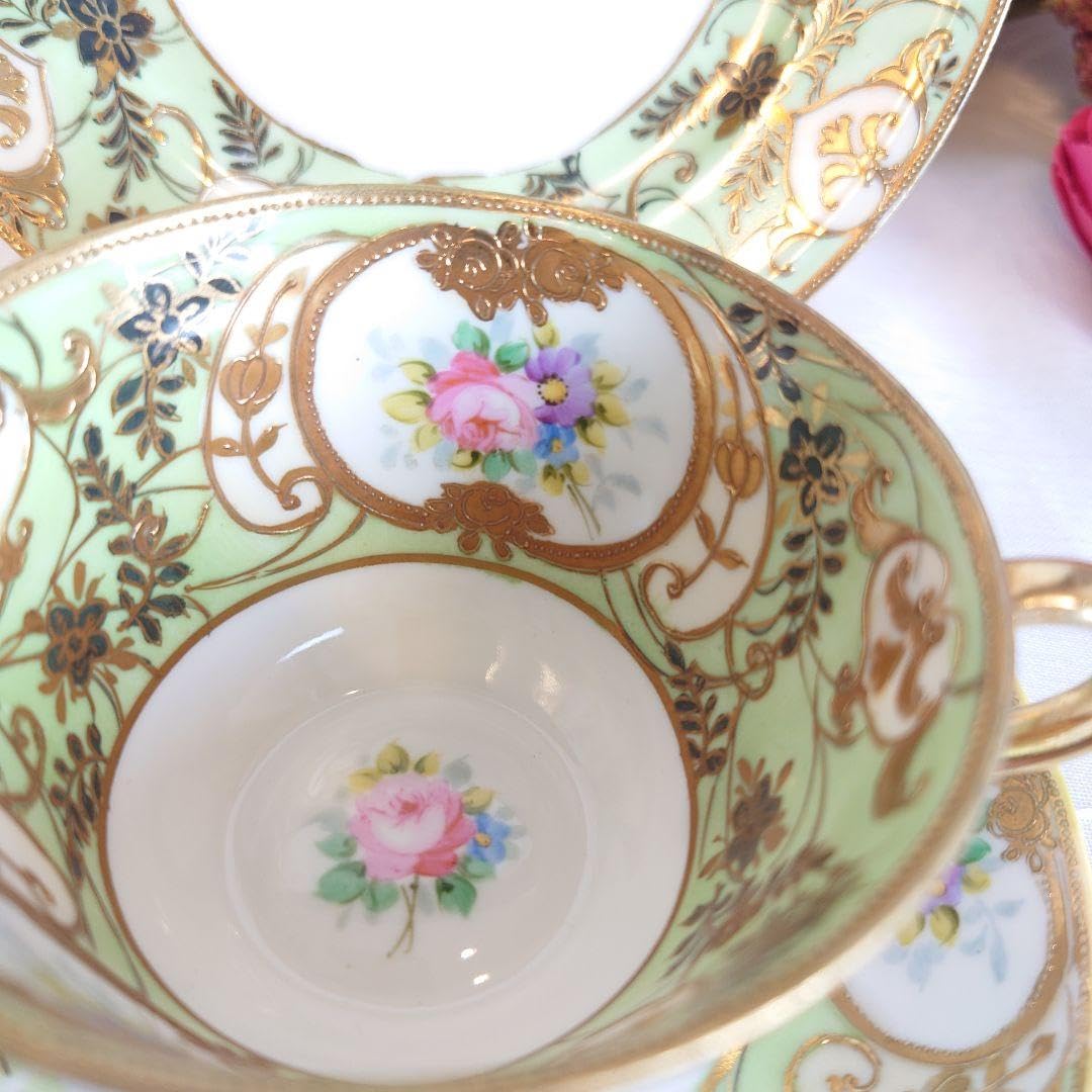 オールドノリタケ 窓絵カップ&ソーサーとケーキ皿のトリオセット