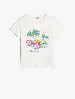 KOTON Girls Summer Themed Short Sleeve Crew Neck Tshirt
