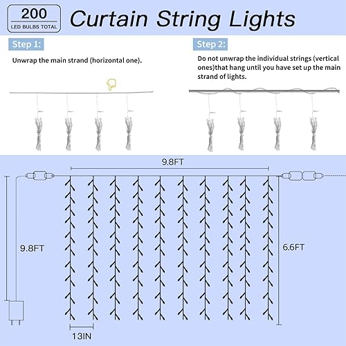 Miniatura 6 de Guirnalda de 200 luces LED de 9.8 x 6.6 pies enchufables con temporizador y 8 modos, luces de pared impermeables para ventana de dormitorio, boda,