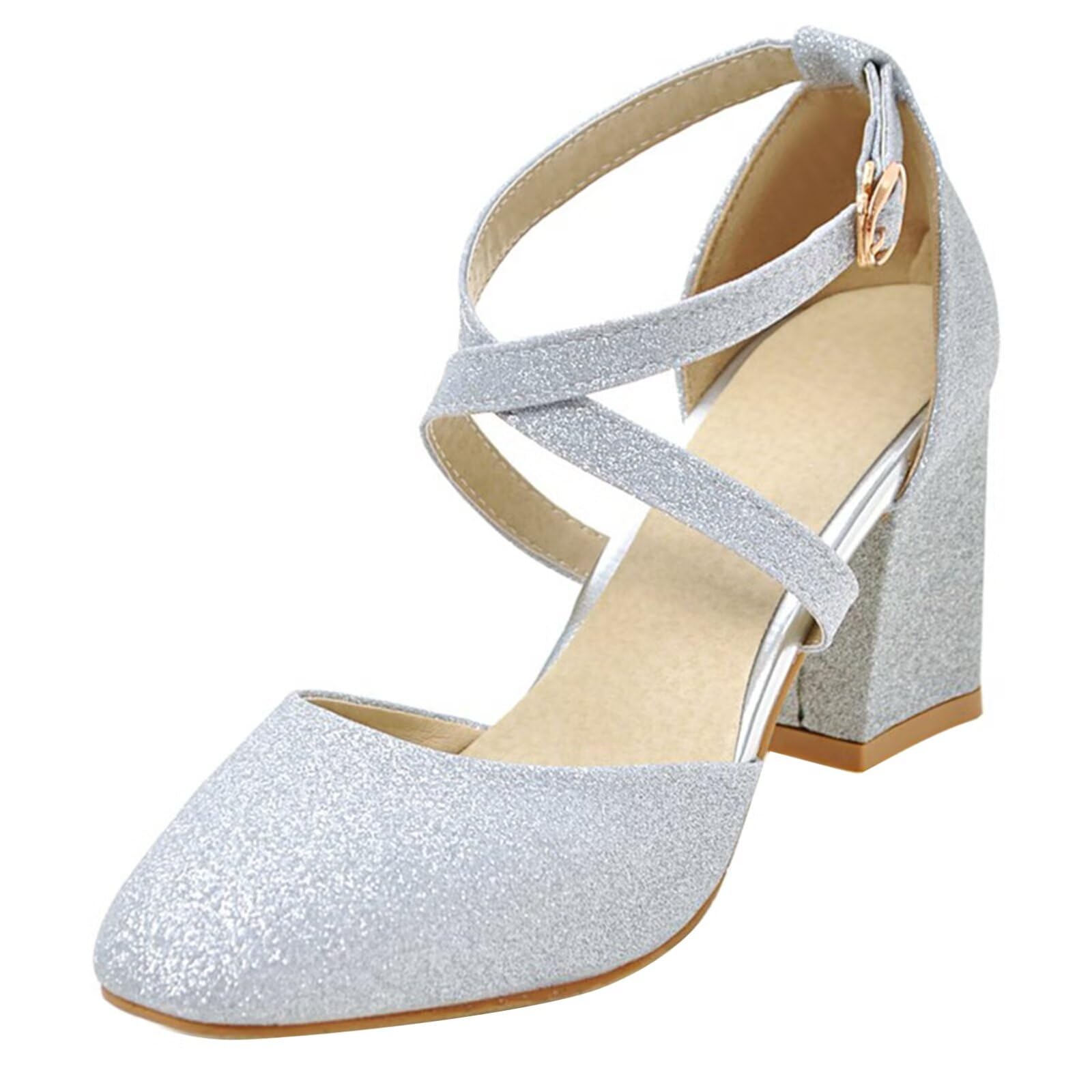 Damen Glitzer Pumps mit Knöchelriemen und 7cm Blockabsatz High Heels Riemchen Schuhe