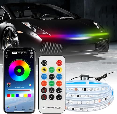 GreceYou Tira de luz LED flexible para capó de automóvil tira de luz LED RGB de 12 V impermeable cubierta de motor de automóvil tira de luces de